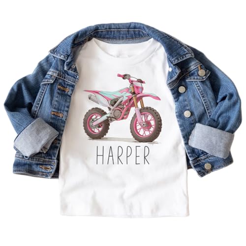 Personalized Pink Dirt Bike Toddler Shirt - Custom Motorcycle Kids Name Birthday Outfit - Girl Toddler Youth Kids Clothing2