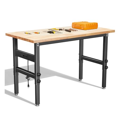 46 Inch Adjustable Workbench, Rubber Wood Top Heavy-Duty Workstation, 2200 LBS Load Capacity Hardwood Worktable with Power Outlets for Garage, Workshop, Office, Home - Thumbnail 6