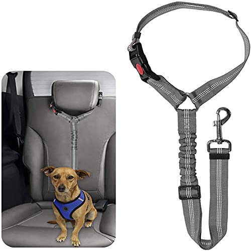Dog Seat Belt Adjustable - Headrest Dog Car Seat Belt Restraint Puppy - Elastic Pet Dog Seat Belt harness - Strong Leads Harness for Dogs Cats and Pets (MAIN) (GREY)