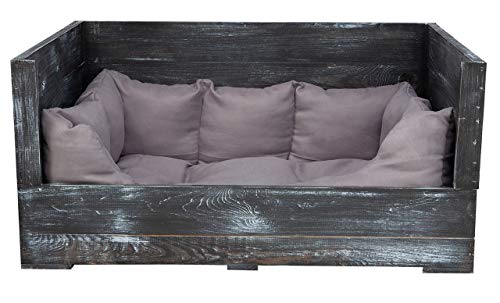 Kistenkolli Altes Land Hundebett Balu aus Holz mit Kissen 90x57x45cm Hundekorb Hundekissen Schlafplatz Vintage Hundesofa draußen Outdoor hundelounge Bett (90x57x45cm, Shabby Schwarz)