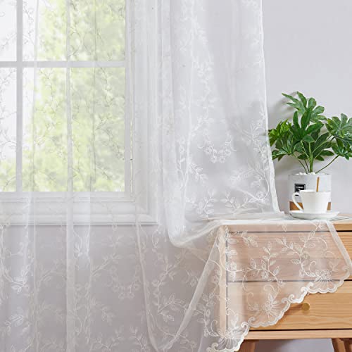 Topick White Sheer Curtains Embroidered Floral Window Drapes For Living Room Bedroom 84 Inch Length Country Scalloped Voile Mesh Light Diffusing Off-White Tulle Curtain Set Of 2 Panels Rod Pocket #TOP7