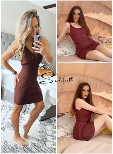 Image of Sidefeel Womens Fall Dresses V Neck Ribbed Knit Tank Mini Date Night Dress