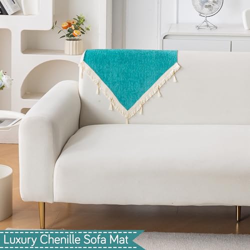Image of HOKIPO 'Serenity Tassel' Chenille Sofa Back Cover with Tassels - 1 Pc Ocean Teal (IN-894-SBL)