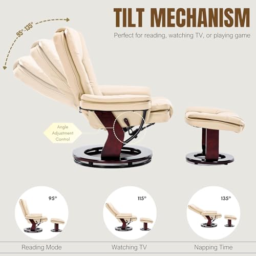Image of Swivel Recliner Chair with Ottoman Reclining Lounge Sofa Footrest, Set of 1 | 360Sturdy Wood Base, Soft PU Leather, Upholstered Ultra-Plush Foam, Modern Armchair, Living Room Bedroom Office Reading Home