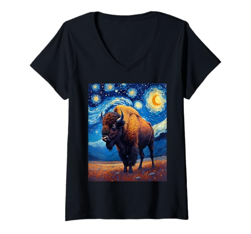 Donna Van Gogh's Starry Night Bison American Buffalo Animal Lovers Maglietta con Collo a V