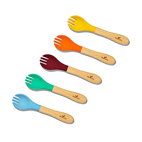 Image of Avanchy Baby Fork Set, Bamboo and Silicone Spork Utensils, Toddler Baby Led Weaning Silverware Cutlery Flatware, Kids First Self Feeding, 5 Pack, with Blue Fork
