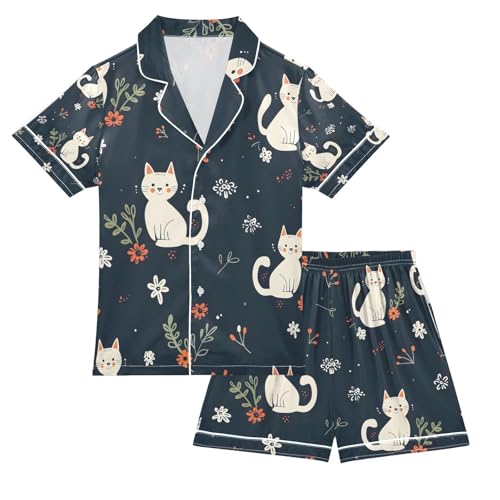 senya Cartoon Cat Flower 1 Satin Summer Pajama Sets Silk Short Sleeve Button Down Sleepwear