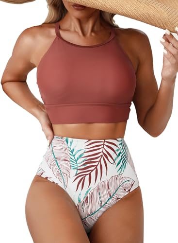 Herseas Women's Bikini Sets Solid High Neck Top Floral Print Bikini Bottom High Rise Two Pieces Swim Suits Cute Teen Girls Tummy Control Bathing Suits Holiday Outfits Brick Red Small