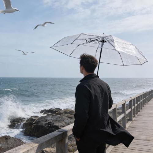 Image of ISABRELLA Clear Folding Umbrella for Rain & Sun Protection, Transparent Compact Umbrella for Women, Windproof Lightweight Travel Umbrella for Outdoor, Commute