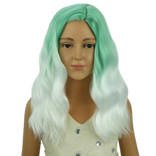 Image of PATTNIUM Girls Mint Green Ombre White Short Curly Wavy Wigs Side Part Shoulder Length Heat Resistant Synthetic Wig Halloween Cosplay Costume Party Wigs