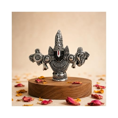 Image of VAMA Lord Balaji Face Idol | Pure Silver-Plated 4-Inch Venkateswara Face Statue | Tirupati Balaji Idol | Elegant Spiritual Showpiece for Devotees | Perfect for Home Temple, Car Dashboard, or Gifting