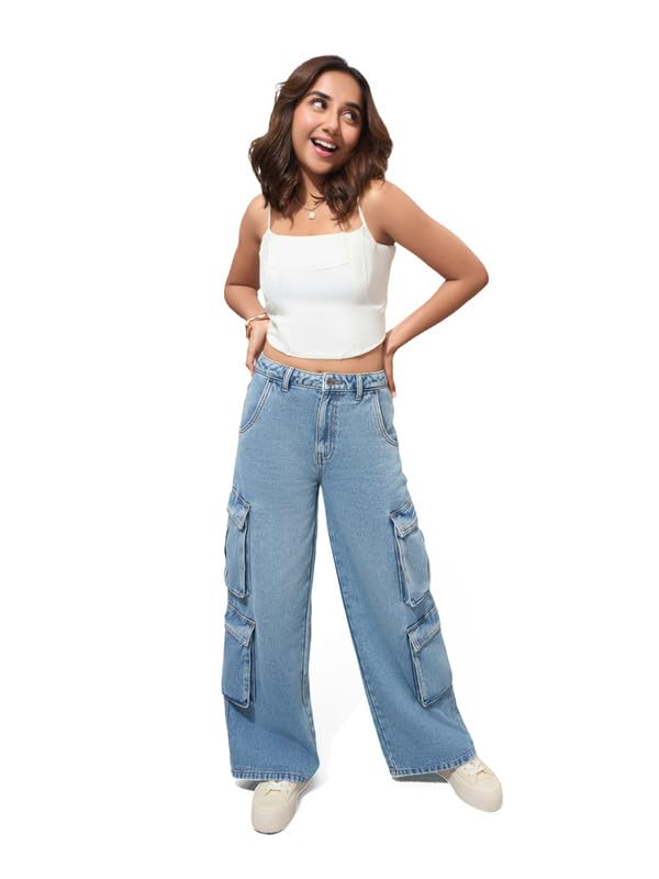 Image of GO COLORS Mostlysane Collection Denim Cargo Pant for Women | Breathable, Mid Rise, 8 Pockets