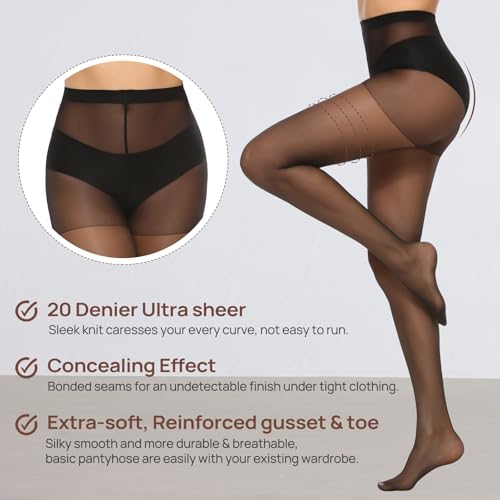 MANZI 6 Pairs Women's 20D Sheer Silky Pantyhose Run Resistant Nylon Tights High Waist Stockings with Control Top