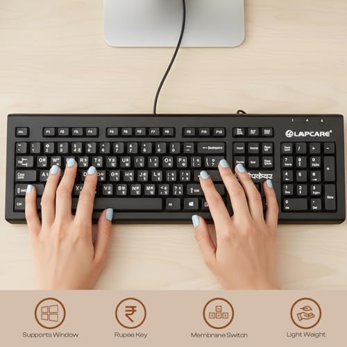 Image of LAPCARE LMK-012 Multilingual USB Keyboard - Hindi English Typing, 104 Silent Keys, 10 Million Keystrokes, 1.5M Cable, Rupee Key, Membrane Switch - for Business & Office Use