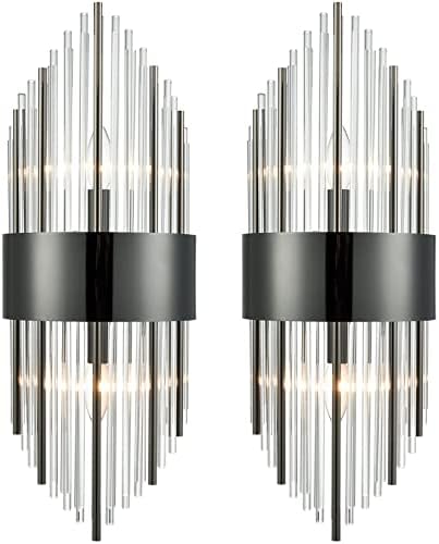 SAMTEEN Black Crystal Wall Sconces Set of Two Modern 2-Light Crystal Sconces Wall Lighting Industrial Glass Bathroom Wall Light Fixture for Hallway, Bedroom, Living Room