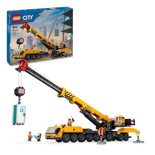 LEGO City Yellow Mobile Construction Crane Toy, Vehicle Building Set for 9 Plus Year Old Boys and Girls, Long Extendable Boom and 4 Worker Minifigures for Role Play, Creative Gift for Kids 60409
