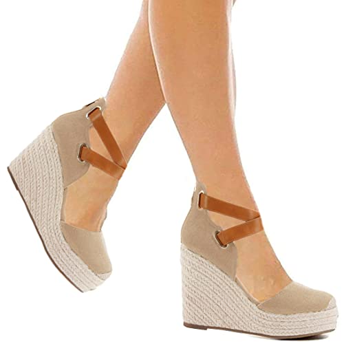 Image of PiePieBuy Womens Wedge Espadrille Ankle Strap Closed Cap Toe Platform Heeled Sandals
