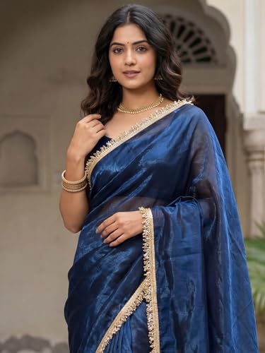 Image of AKHILAM Women's Shimmer Net Solid Saree With Unstitched Blouse Piece