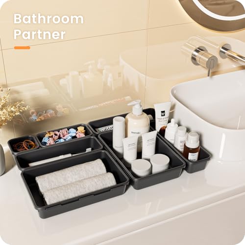 Image of A-LuGei 【Military Grade Drawer Organizer, 【𝟱𝗦𝗶𝘇𝗲】 Makeup organizer, 【Holds 177 Items】 Bathroom Organizers and Storage, Organization and Storage, Desk Drawer Organizer for Vanity (Black)
