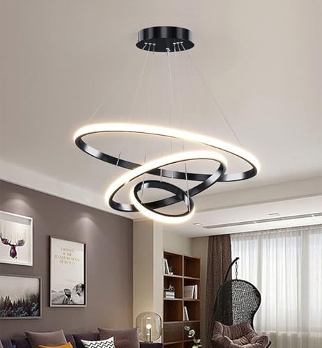 Image of Desidiya Contemporary Spiral LED 3 Ring Chandelier Hanging Ceiling Pendant Light - Adjustable Height with 3 Colour Lighting Modes Ideal for Living Room /Bedroom /Home,L-3 String Hanging (Black)