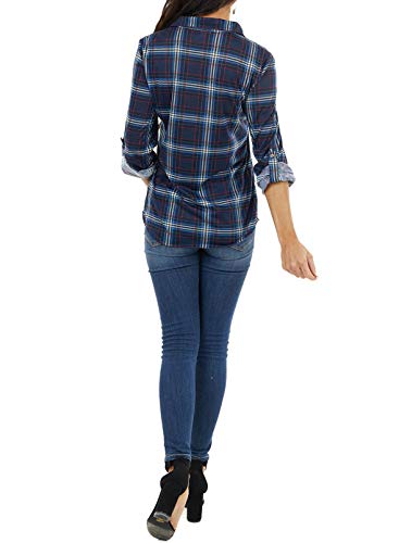 HOTAPEI Plus Size Blue Blouses for Women Business Casual Ladies Plaid V Neck Long Sleeve Collar Tops Pocket Button Down Roll Up Shirts X-Large