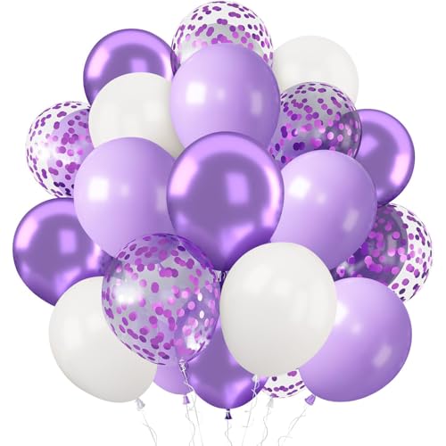 Ballons Violet et Blanc, 60 Pièces Métallique Violet Blanc Hélium Ballon avec Confettis Latex Ballon pour Filles Femmes Fête Anniversaire Baby Shower Mariage...