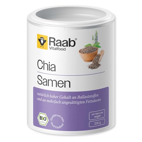 Raab Vitalfood Bio Chia-Samen, Premium Qualität, vegan, reich an Ballaststoffen, enthält natürlicherweise Calcium, B-Vitamine, ungesättigte Fettsäuren, quellfähig, 1er Pack (200 g)