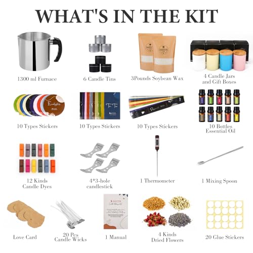 SAEUYVB Candle Making Kit - DIY Starter Soy Candle Making Supplies/Kit - Soy Wax, 10 Jars & Tins, 10 Pleasant Scents, Color Dyes & More,Perfect Candle Making Kit for Adults