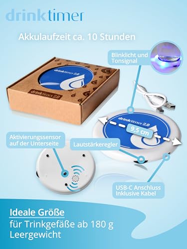Trinkerinnerung drinktimer 2.0 – Achtsamkeit Trink Coach – Mehr Wasser trinken Alarm – Hilfe für bessere Flüssigkeitszufuhr – Ausreichend trinken hilft gegen Müdigkeit, Kopfschmerzen und Stress
