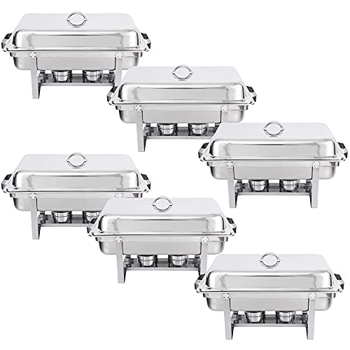 Oteymart Pack of 6 Chafing Dish Buffet Server Warming Tray Chafer Full Size Stainless Rectangular Dish Set Buffet Catering Party Events Utensils w/Fuel Holder Deep Food Pan