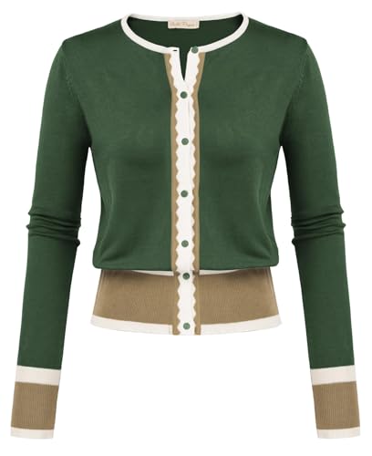 Image of Women's Cardigan Sweater Color Block Long Sleeve Crew Neck Knit Cardigan Trendy Cropped Cardigan Shrug