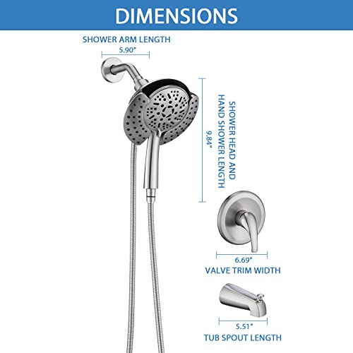Proox Tub Shower Faucet Set With Valve, 2-In-1 Detachable 9 Setting Dual Shower Head With Handheld Bathtub Combo, Single Handle Valve& Trim Kit, 71" Stainless Steel Hose, Brushed Nickel #TOP7
