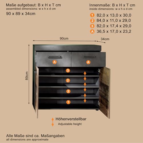 trendteam smart living - Indy - Garderobenkombination - Eiche/Grau - Garderobenschrank, Sitzbank, Paneel, Schuhschrank - (BxHxT) 265 x 192 x 37 cm - antikfarbene Griffe