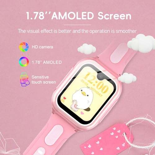 Wonlex 4G GPS Smartwatch for Kids, 1.78" AMOLED Touchscreen Phone Watch with SIM Card, Video Calls, Voice Chat, SOS, Camera, Music, Pedometer, Game, Birthday Gift for Girls Boys Ages 8-15(Pink)2