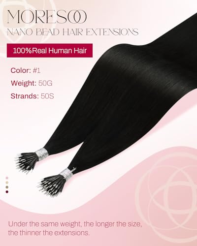 Image of Moresoo Nano Bead Hair Extensions Human Hair, Jet Black, 16 Inch | 50g 50 Strands, Cold Fusion Extensions, Comfortable Wear with Individual Strand Placement for Everyday Length Enhancement