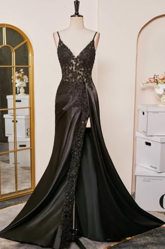 Zeeyecie V-Neck Satin Prom Dresses Lace Applique Spaghetti Straps Mermaid Beaded Evening Formal Ball Gowns with Slit4