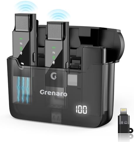 GRENARO Wireless Microphone, Digital Display Charging Case - S13 Wireless Mic for YouTube, 98FT Range 30H Battery Life Lapel Mic for Android/iPhone-3 Level Noise Reduction (Dual Universal-Black)