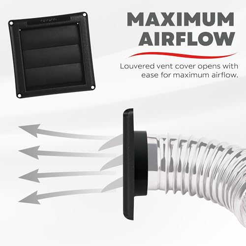 Image of Deflecto Supurr-Vent 4 inch Outdoor Dryer Vent Cover Black Louvered Wall Hood with Gravity Damper for Backdraft Prevention, Fits Standard 4 inch Dryer Exhaust Pipe, Weather & UV-Resistant, Durable 6 inchx6 inch Face