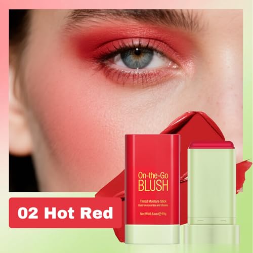 Cream Blush Stick, Silky Creamy Blush for Cheeks Lips Eyes, Long-Lasting Waterproof Hydrating Blush, Natural Nude Makeup Glow for All Skin Tones (02 Hot Red) — view 2