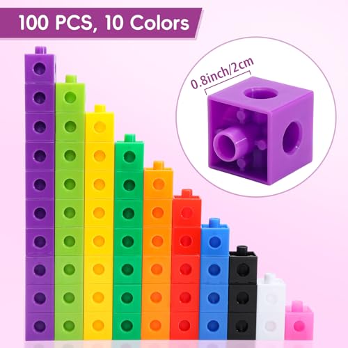image for HSDAV 100 Pcs Math Linking Cubes - 10 Colors Connecting Counting Snap 