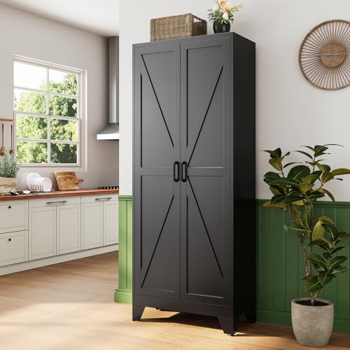 Image of Letaya 75 inch H Metal Storage Cabinet with 2 Doors and 4 Shelves,Tall Kitchen Pantry Cabinets,Farmhouse Utility Pantry Organizers for Cupboard /Dining /Bathroom /Home Office /Garage Room,Black