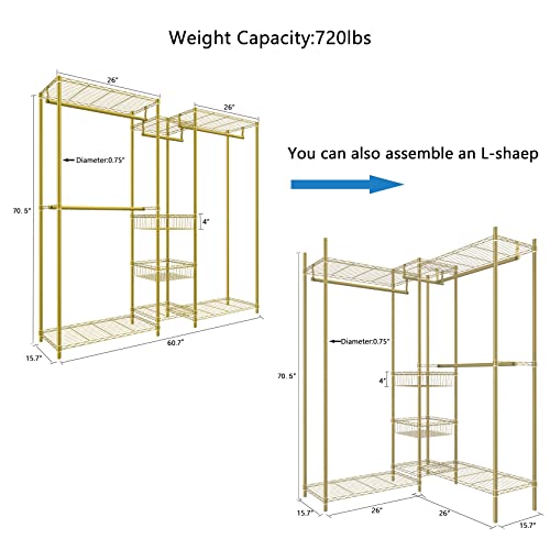 Xiofio 6 Tiers Heavy Duty Garment Rack,Clothing Storage Organizer, Metal Clothing Rack,Clothing Rack With Hanging Rod,Adjustable Shelf And Fixed Baskets,60.7"L X 15.7"W X 70.5"H Max Load 720Lbs,Gold #TOP3