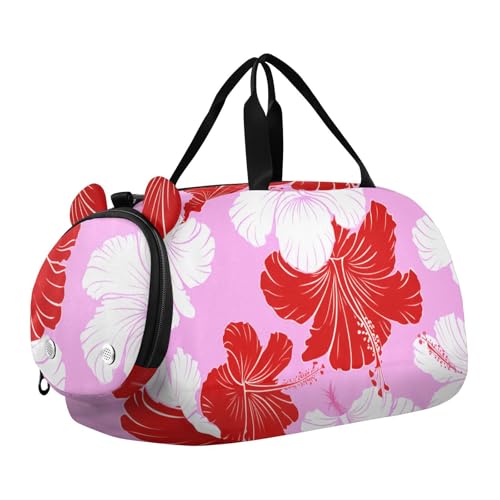 Red White Hibiscus Flowers Travel Duffle Bag for Kids Water Resistant Sport Gym Bags for Girls Boys Sleepover Weekender Overnight Tote