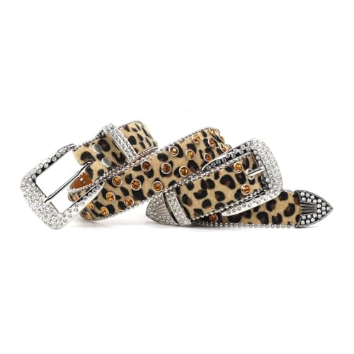 Ceinture en polyuréthane imprimé léopard khaki 102C avec strass et perles pour jeans