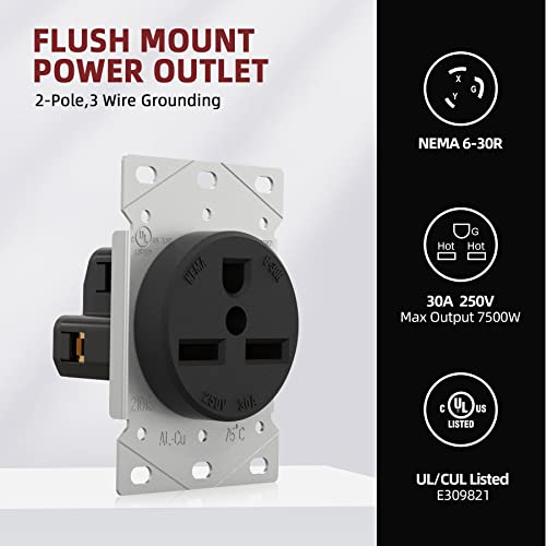 Aida 6-30R Outlet Receptacle 30 Amp 250 Volts 2 Pole 3 Wire Heavy Duty Straight Blade Industrial Grade Grounding Flush Mount Range Power Outlet For Welder,Plasma Cutter,Dryer, Ul Listed #TOP1
