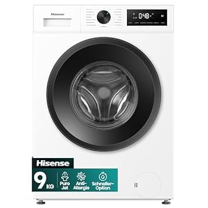 Hisense WF1I9042BWP Waschmische mit Dampffunktion, 9kg, 1400 U/Min, 15 Programme, TFT Farb-Display, 72 dB, Automix-Waschmittelschubfach, Pure Jet, Schnellwaschgang, Anti-Allergie, EEK A, Weiß
