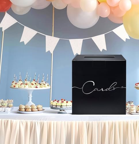 Image of HEIPINIUYE Large Card Box for Party 9.8 inch x 9.8 inch Black Gift Card Box Holder with Silver Foil Design for Wedding Birthday Baby Shower Graduation Retirement Party Raffle Box