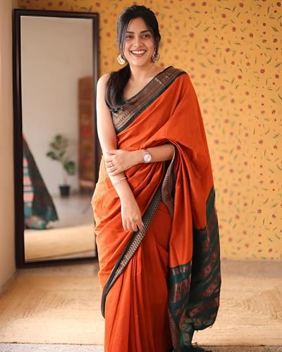 Image of Women's Kanjivaram Cotton Silk Saree South Indian Paithani Sari | gadwal cotton sarees with Zari Border and Blouse Piece - Suitable For All Indian Occasions and Festivals 191