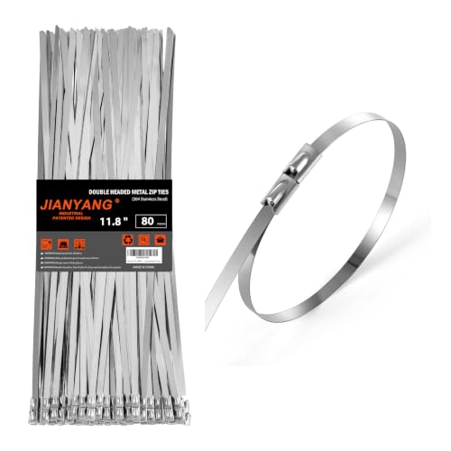 Metal Zip Ties 11.8 Inch 304 Stainless Steel Zip Ties Multi-Purpose Self-Locking Double Headed Heavy Duty Cable Ties 300LBS for Exhaust Wrap, Machinery, Vehicles, Farms and Outdoor Fence （80 Pack） by JIANYANG - Used condition - US$8.99