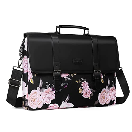 MOSISO Laptop Shoulder Bag Compatible with MacBook Pro 16 inch 2023-2019 M2 A2780 M1 A2485 A2141/Pro 15 A1398,15-15.6 inch Notebook,Peony Polyester&PU Leather Flapover Briefcase Sleeve with Belt,Black